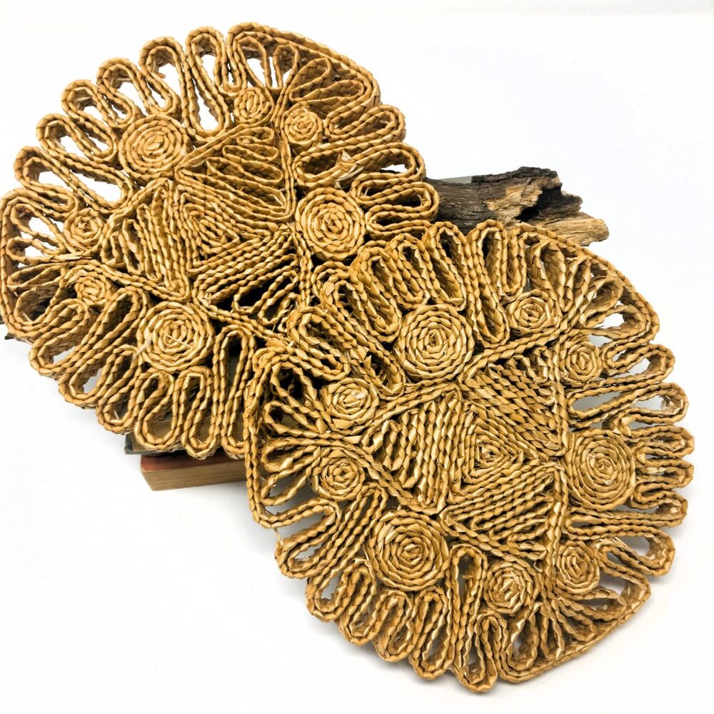 Pair Vintage Round Woven Rattan Straw Swirl Aztec Pattern Trivets